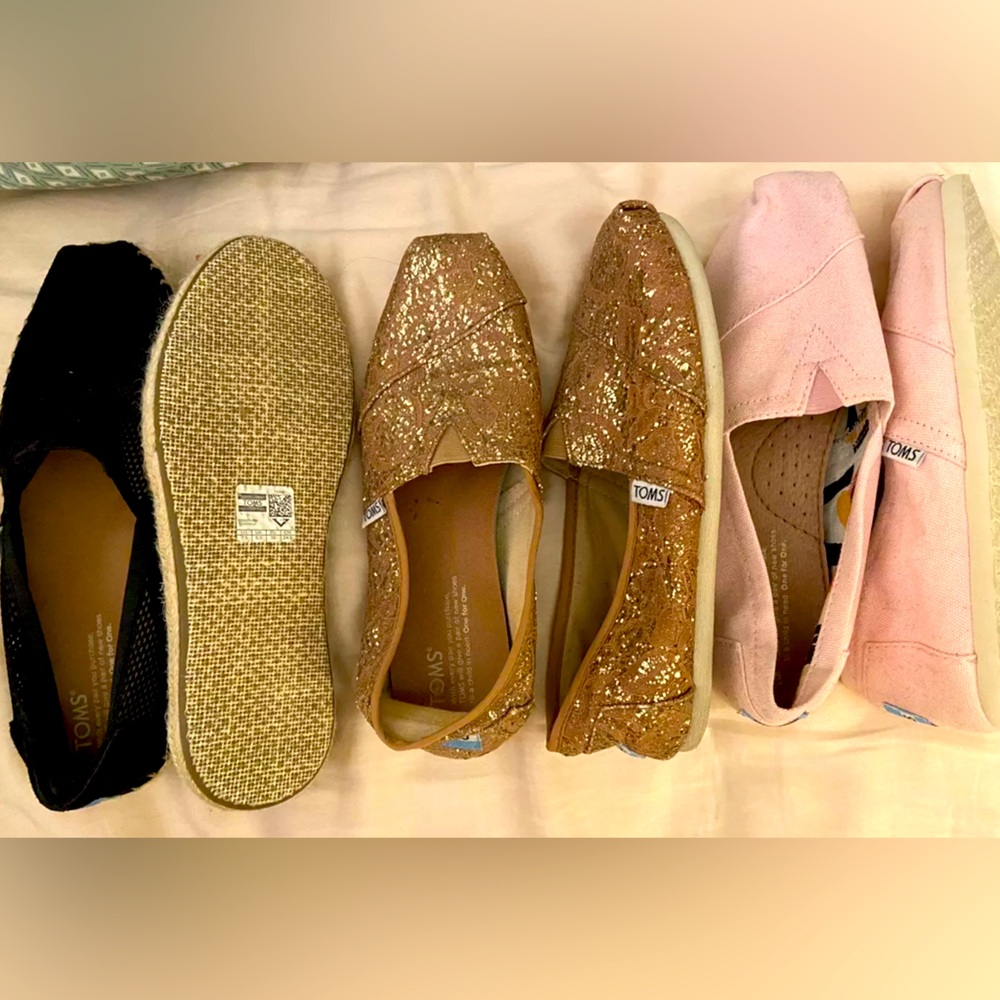 TOM’s lot of 3 pairs of shoes- 7.5 NWT pink, gold, black